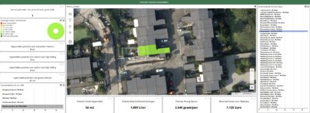 Remote sensing en dashboards: Dashboard ingezoomd op één woning in Capelle aan den IJssel, waarbij een dakvlak groen is gemarkeerd als geschikt voor een groendak en aanvullende kengetallen zichtbaar zijn.