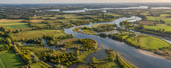 Luchtfoto van een meanderende rivier als symbool voor digitale innovatie en een flexibele aanpak bij de overheid.
